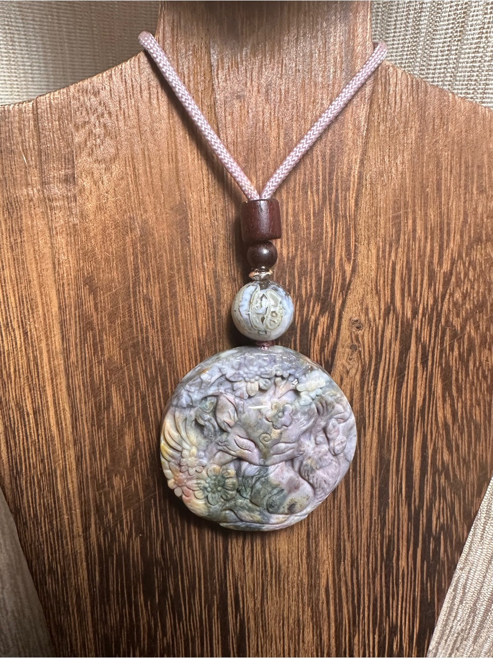 Round Ocean Jasper Fox Pendant Carving Pendant Necklace with Opal on Rope